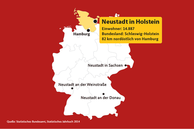 Grafik einer Deutschlandkarte mit Verweis auf Neustadt/Holstein