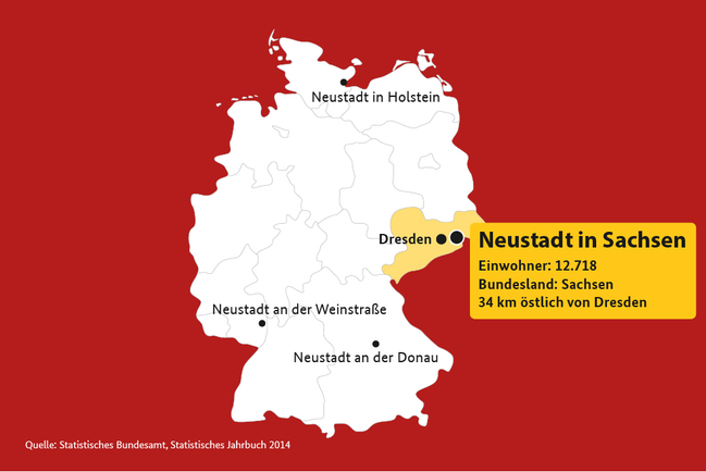 Grafik einer Deutschlandkarte mit Verweis auf Neustadt/Sachsen