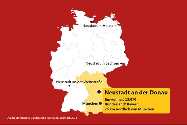 Grafik einer Deutschlandkarte mit Verweis auf Neustadt/Donau