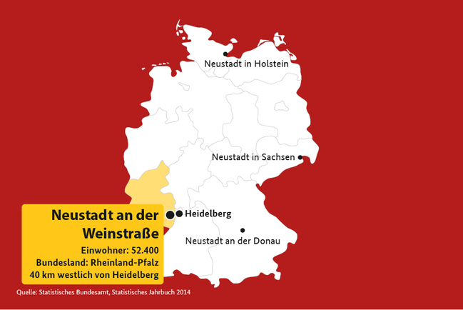 Grafik einer Deutschlandkarte mit Verweis auf Neustadt/Weinstraße